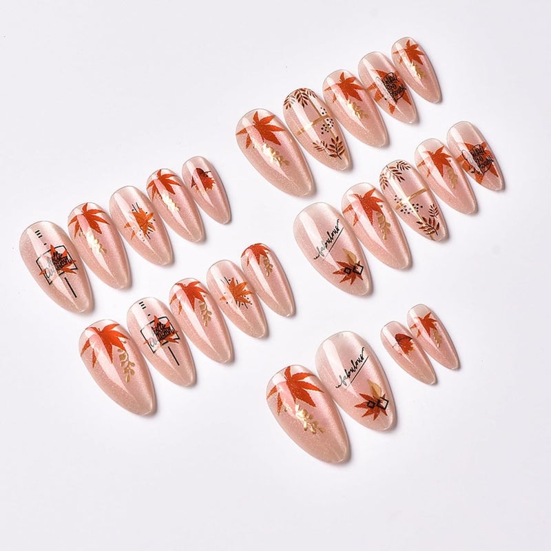 SEENEEY Thanksgiving Medium Long Press on Nails Almond Fake Nails Nude Artificial Nail Red Maple Leaves Designs Stick on Nail for Women 24pcs - Image 3
